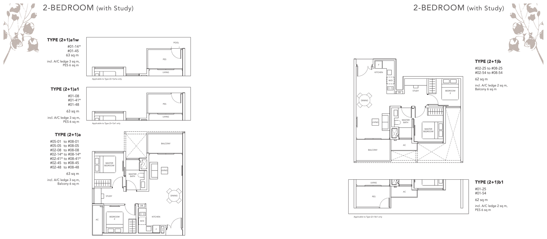 2-Bedroom with Study · Types (2+1)a, (2+1)b
