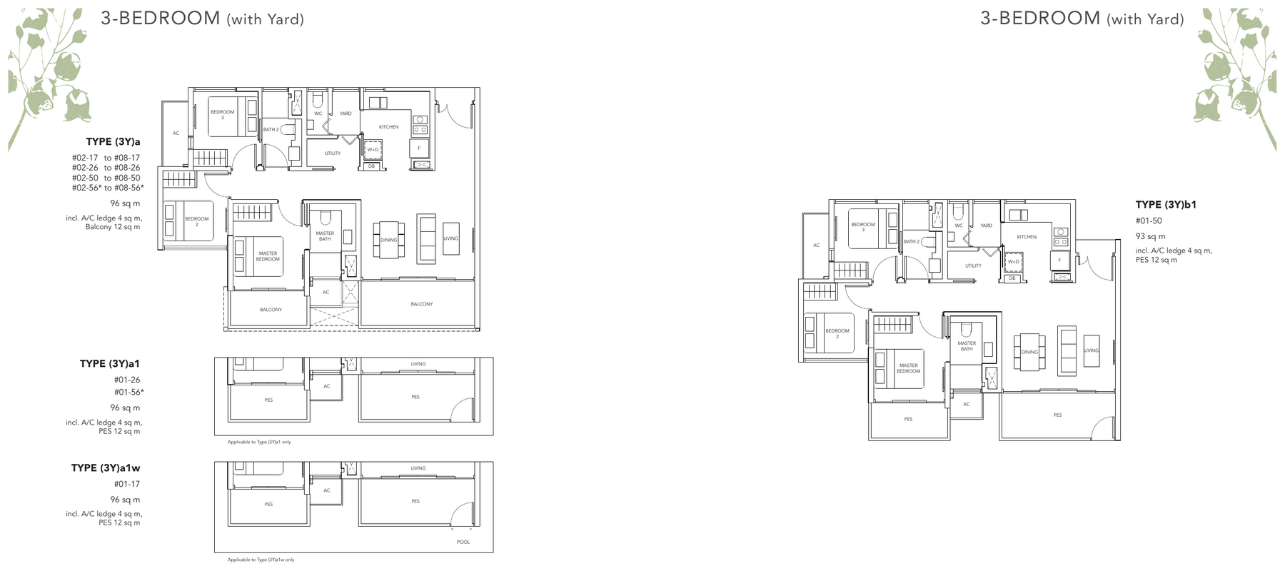 3-Bedroom with Yard · Types (3Y)a, (3Y)b · 1,001 to 1,033 sqft