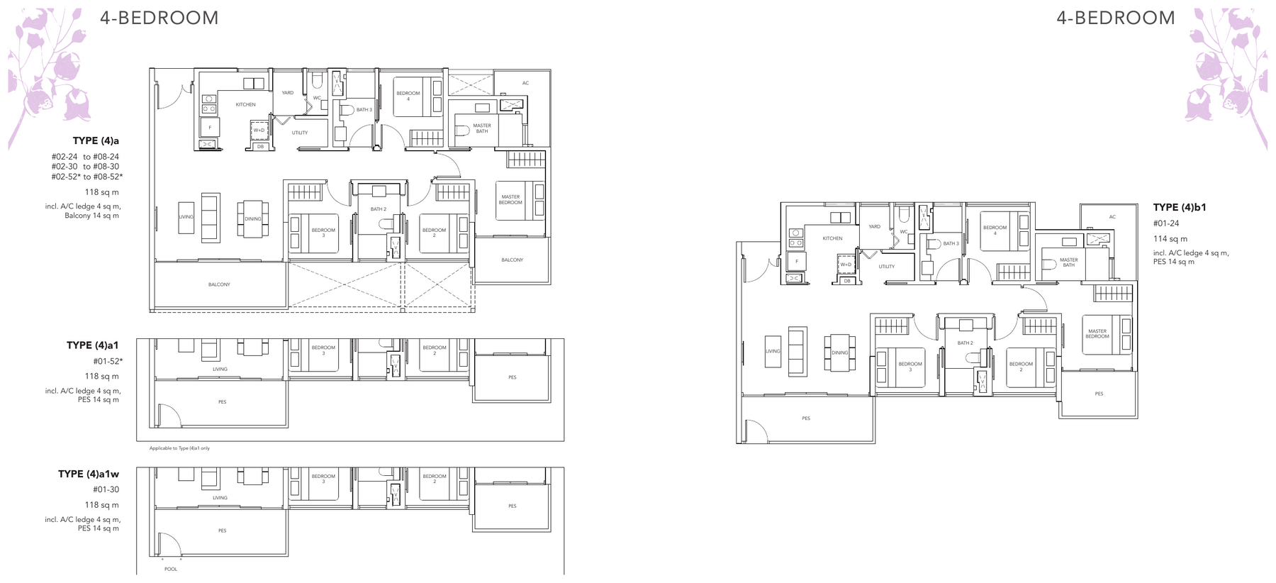 4-Bedroom · Types (4)a, (4)b · 1,227 to 1,270 sqft
